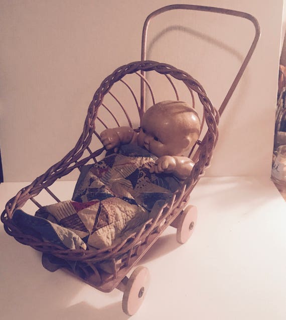 wicker baby doll stroller