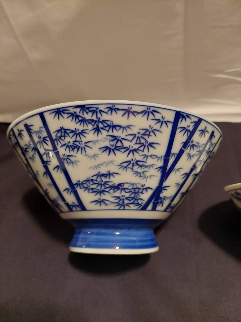 Set of 2 Midcentury Blue & White Rice Bowls With Bamboo Pattern. Etsy