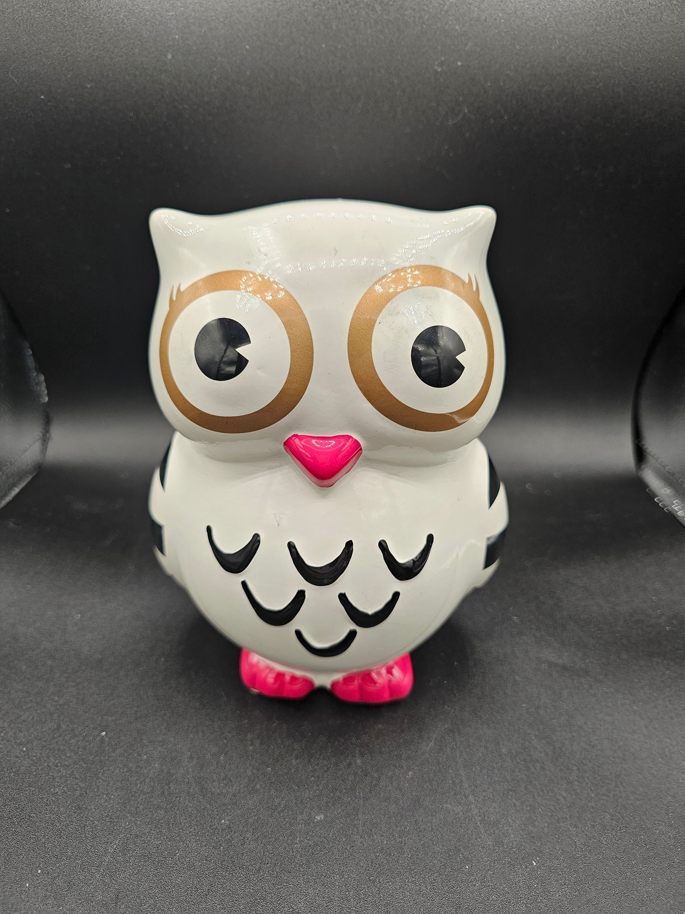 Ceramic White Piggy Bank Owl with Black Pink Colors 7 1 2 Inches Tall