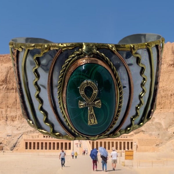 Ankh & Malachite Adjustable Cuff Bracelet: Ancient Egyptian Jewelry