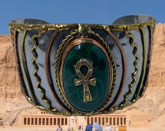 Women's History Month! Ankh charm and Malachite gemstone on an Ancient Egyptian cuff bracelet.
