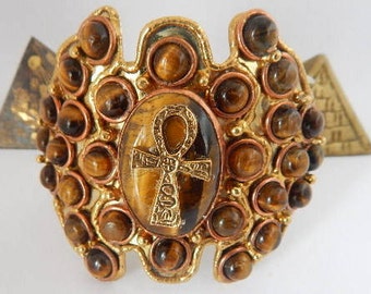 Women's History Month! Back by popular demand Stunning Cuff Bracelet with Ankh charm and Tiger's Eye Gemstones