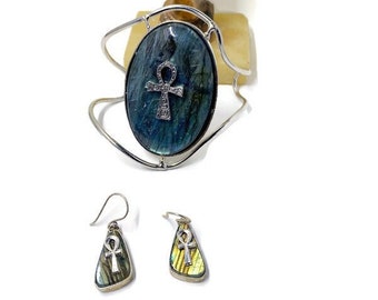 Earth Month! Only one set. Labradorite w/Ankh charm cuff bracelet and matching ankh earrings. Gorgeous Egyptian-inspired Jewelry