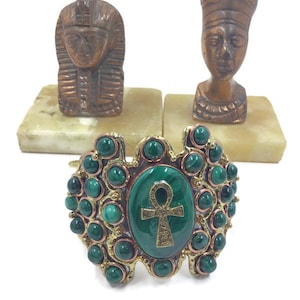 Ankh & Malachite Bracelet: Egyptian Cuff Jewelry
