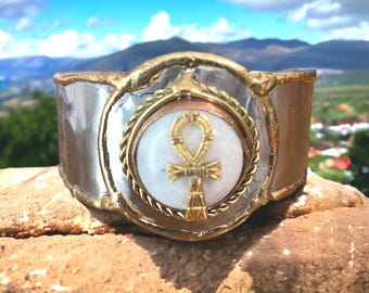 Moonstone w/Ankh charm on a cuff bracelet. #StraightPathJewelry #EgyptianJewelry #EgyptianKemeticJewelry #Ankh #Moonstone