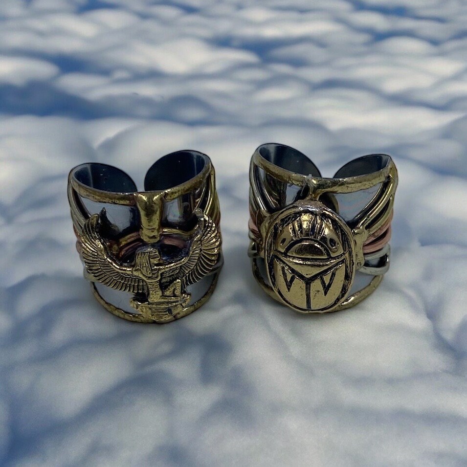 Scarab & Maat Rings: Ancient Egyptian Pewter Set