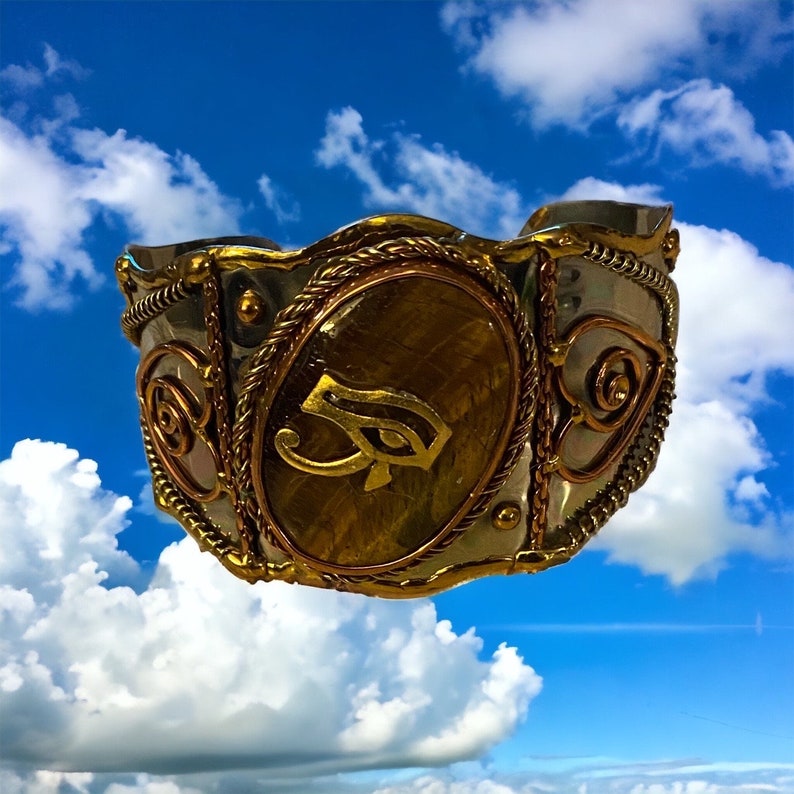 Egyptian Kemetic Jewelry Eye of Ra and Tiger's Eye semi-precious gemstone cuff bracelet. Gorgeous Egyptian-inspired jewelry image 1