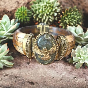 Labradorite stone/Maat charm Hinged bracelet. #StraightPathJewelry #AncientJewelry #EgyptianKemeticJewelry