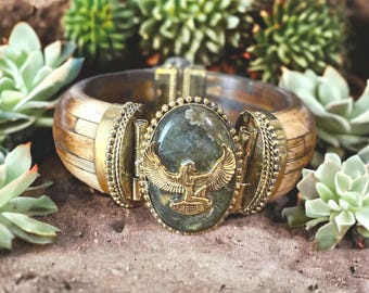 Labradorite stone/Maat charm Hinged bracelet. #StraightPathJewelry #AncientJewelry #EgyptianKemeticJewelry