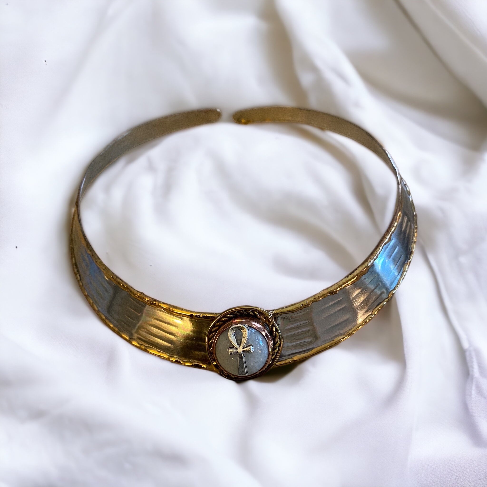 Egyptian Kemetic Jewelry Small Ankh on a White Moonstone Choker. StraightPathJewelry EgyptianJewelry