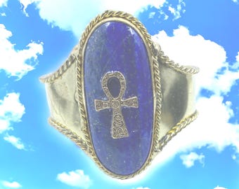 2026 Slim Ankh charm Brass-coated Bracelet on a large Lapis Lazuli Stone.  #EgyptianKemeticJewelry #Ankh #LapisLazuli