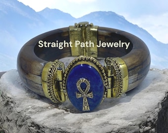 Enchanting Lapis Lazuli Ankh Cuff Bracelet: Egyptian Brass Bone Hinged Jewelry