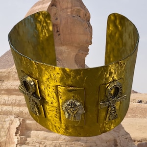 Kemetic Brass Cuff Bracelet featuring Pharaoh Head & Ankh Charms