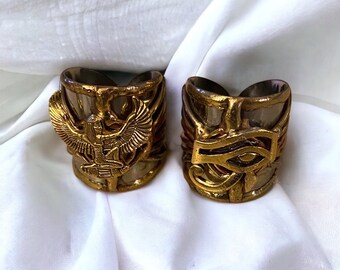 Two are better than one! Ancient Egyptian Maat and Eye of Ra rings. #EgyptianJewelry #KemeticJewelry #Maat #Ma&#39;at #EyeOfRa #EyeOfHorus