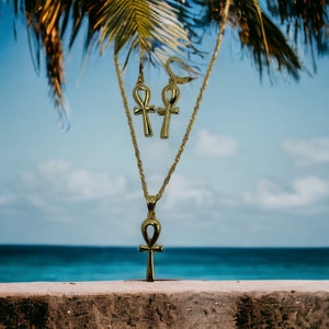 Kemetic Ankh Earrings and Necklace Set - Egyptian Nubian Jewelry