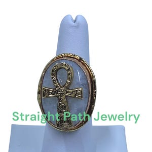 Gold Ankh Moonstone Ring: Stainless Steel Adjustable Cuff