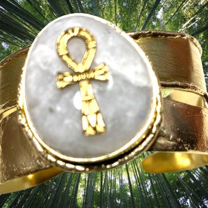 Moonstone Ankh Cuff Bracelet: Egyptian Stainless Steel Jewelry