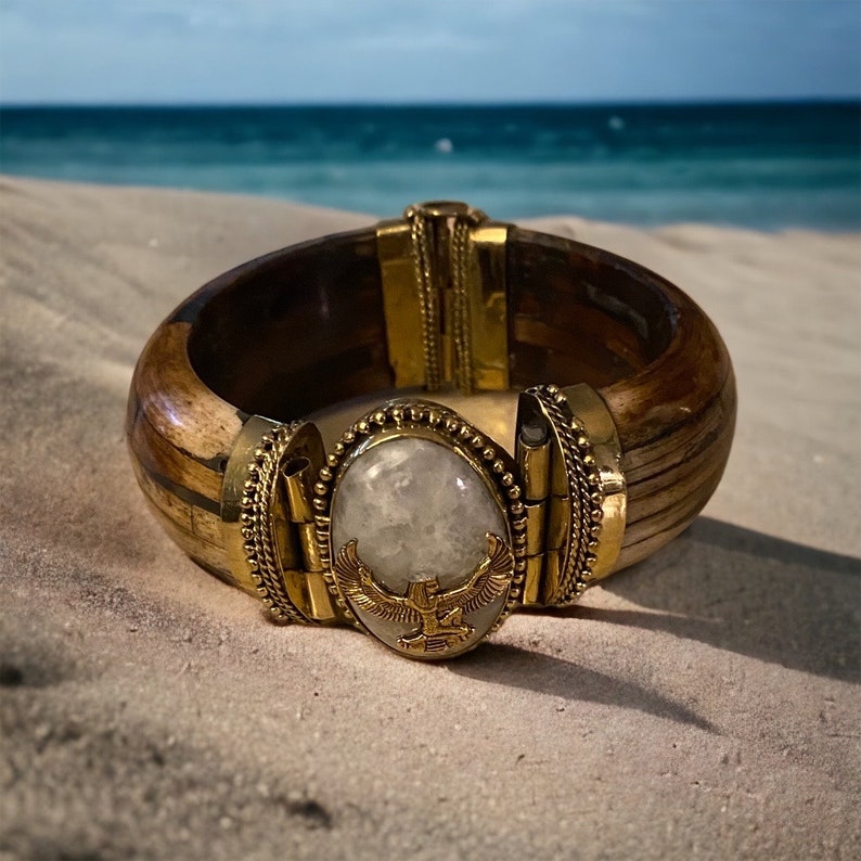 Moonstone & Maat charm on a hinged bracelet. Egyptian Kemetic Jewelry StraightPathJewelry EgyptianJewelry image 3