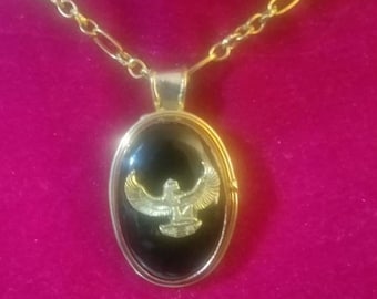 Egyptian Kemetic Jewelry! Ancient Egyptian symbol - Maat on a Black Onyx stone with a Gold plated necklace.