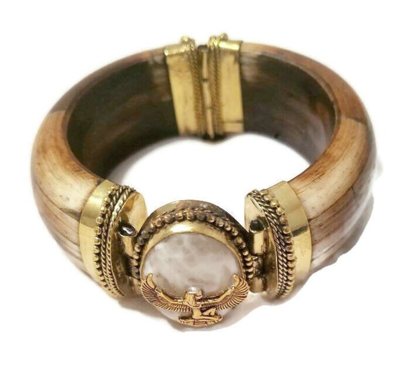 Moonstone & Maat charm on a hinged bracelet. Egyptian Kemetic Jewelry StraightPathJewelry EgyptianJewelry image 1