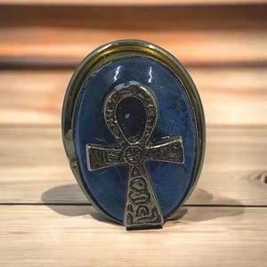 Labradorite Ankh Cuff Ring: Egyptian Inspired Brass Jewelry