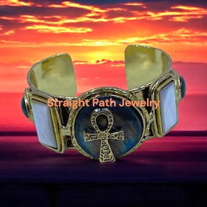 Labradorite Ankh Cuff Bracelet: Egyptian Symbol, Mother-of-Pearl