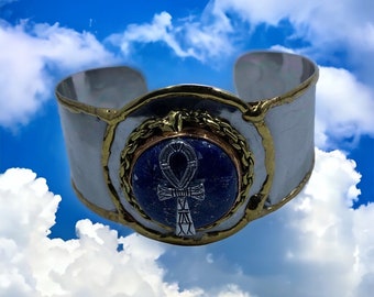 Women's History Month! Silver coated Ankh charm Bracelet on a Lapis Lazuli Stone. #EgyptianJewelry