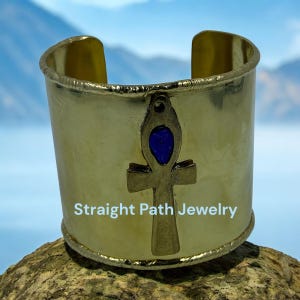 Brass Ankh Cuff Bracelet with Lapis Lazuli Chip: Egyptian Jewelry