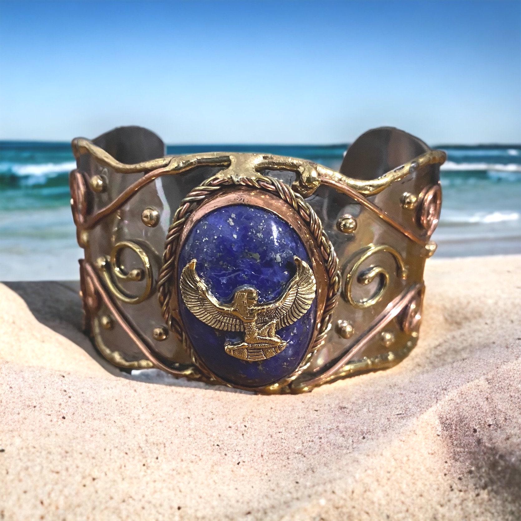 ラピス Lapis Lazuli Cuff Bracelet With Maat Charm, Egyptian Style - Etsy