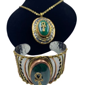 Egyptian Kemetic Jewelry! Earring, Bracelet, Necklace Set featuring Ankhs and Malachite gemstones