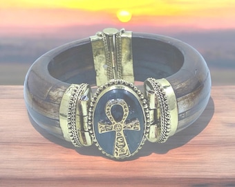 Lovely Labradorite Ankh Hinged Bracelet: Bronze Pewter, Egyptian