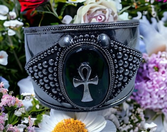 Women's History Month! Ankh Charm Bracelet on a dark green agate stone.
