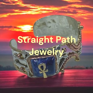 Lapis Lazuli Cuff Bracelet: Stainless Steel Ankh, Egyptian Jewelry