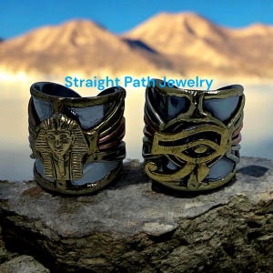 Egyptian Eye of Ra & Pharaoh Head Cuff Rings - Stainless Steel