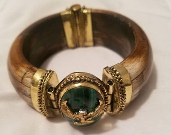 Egyptian Kemetic Jewelry! Sale: Malachite and Maat charm hinged bracelet. Egyptian-inspired Jewelry.
