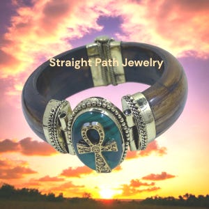 Egyptian Ankh Bracelet: Malachite Stone, Bronze Pewter Pendant