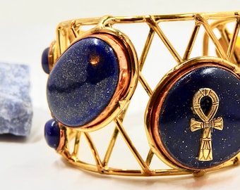 Women's History Month! Ankh charm Bracelet on Lapis Lauzli Stone. Ancient Egyptian Inspired Bracelet. Multi-Stone Jewelry, Charm Bracelet