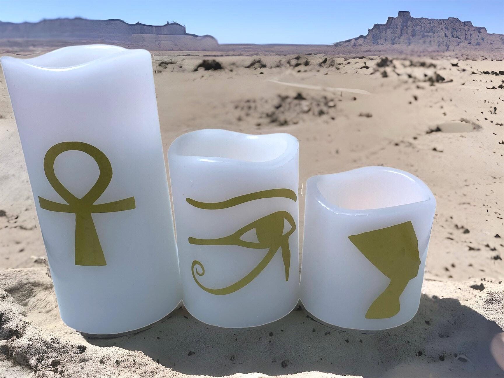 Egyptian Ankh, Eye of Ra, Nefertiti LED Candle Set