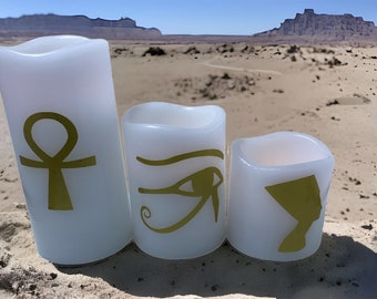 Egyptian Kemetic Jewelry! Ankh, Eye of Ra and Queen Nefertiti profile LED battery operated flicerking candles. Egyptian-inspired