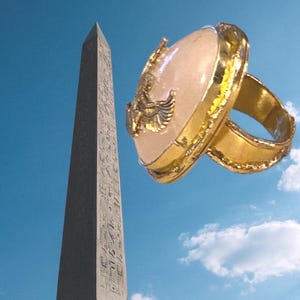 Rose Quartz Ring: Gold-Plated Maat Charm, Ancient Egyptian Jewelry