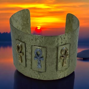 3 Ankh Charms on Brass Cuff Bracelet. Embrace Egyptian Style! #Ankh #EgyptianJewelry