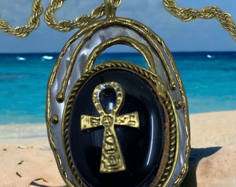 Women's History Month! Ancient Egyptian Ankh on a Black agate stone in a pendant. A gold plated Necklace #Afrocentric