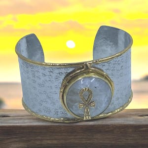 Moonstone Ankh Cuff Bracelet: Egyptian Stainless Steel Jewelry