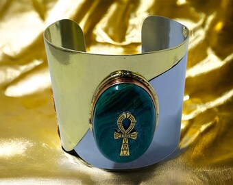 Women's History Month! SALE, 20% off. Ankh charm and Malachite gemstone on an Ancient Egyptian stainless steel and brass cuff bracelet.