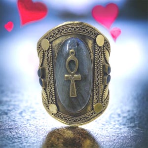 Labradorite Ankh Bracelet: Egyptian Style Agate Cuff