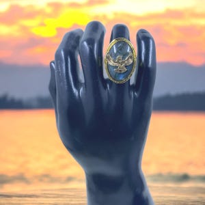 Gold-Plated Labradorite Ring: Ancient Egyptian Maat Symbol