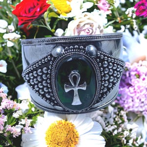 Ankh & Dark Green Agate Cuff Bracelet: Egyptian Stainless Steel Jewelry