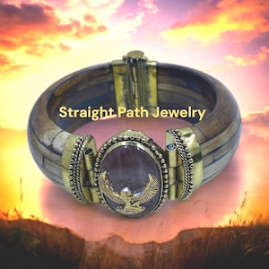 Rose Quartz & Maat charm on a hinged bracelet. #StraightPathJewelry #AncientEgyptian #EgyptianKemeticJewelry #Maat #Ma&#39;at #RoseQuartz