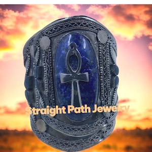 Lapis Lazuli Cuff Bracelet: Ankh Charm, Egyptian Jewelry