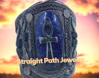 Lapis Lazuli Cuff Bracelet: Ankh Charm, Egyptian Jewelry